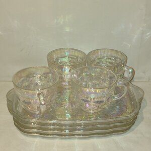 LOT Of 4 VTG Federal Glass YORKTOWN COLONIAL Iridescent Snack Sets Cup/Tray 8pcs